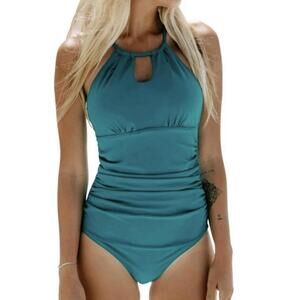 Cupshe | Teal Blue One Piece Ruched Swimsuit Halter Strappy 3 Keyhole Size L